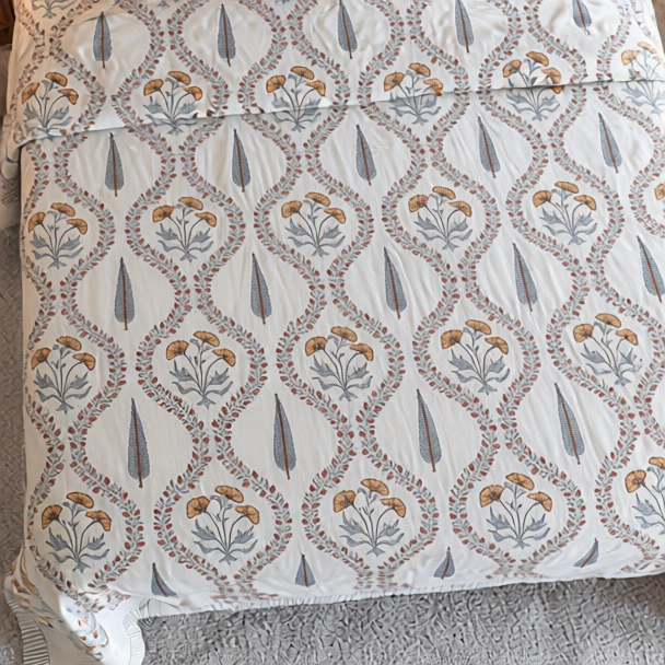 King Size Block Printed Percale Fine Cotton Bedspread with 2 Pillow Cases 200940