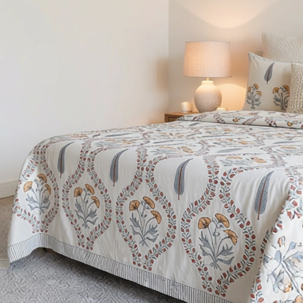 King Size Block Printed Percale Fine Cotton Bedspread with 2 Pillow Cases 200940