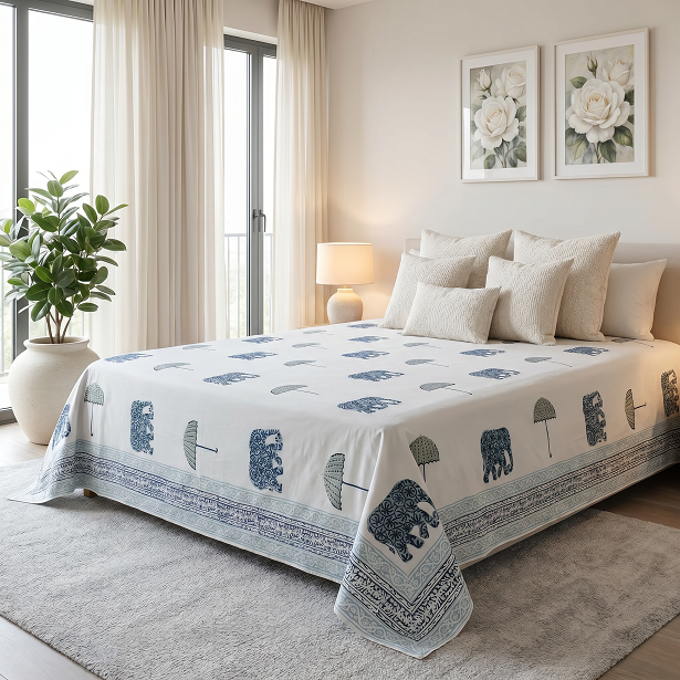 King Size Block Printed Percale Fine Cotton Bedspread with 2 Pillow Cases 200941