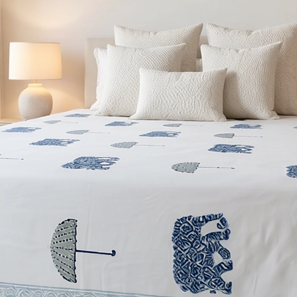 King Size Block Printed Percale Fine Cotton Bedspread with 2 Pillow Cases 200941