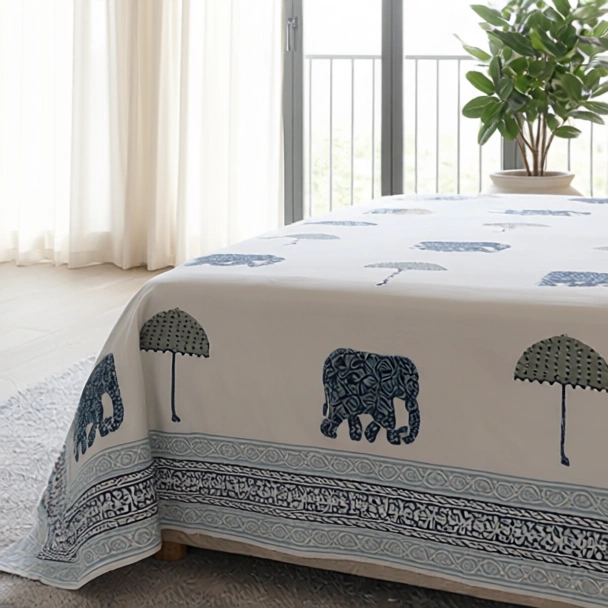 King Size Block Printed Percale Fine Cotton Bedspread with 2 Pillow Cases 200941