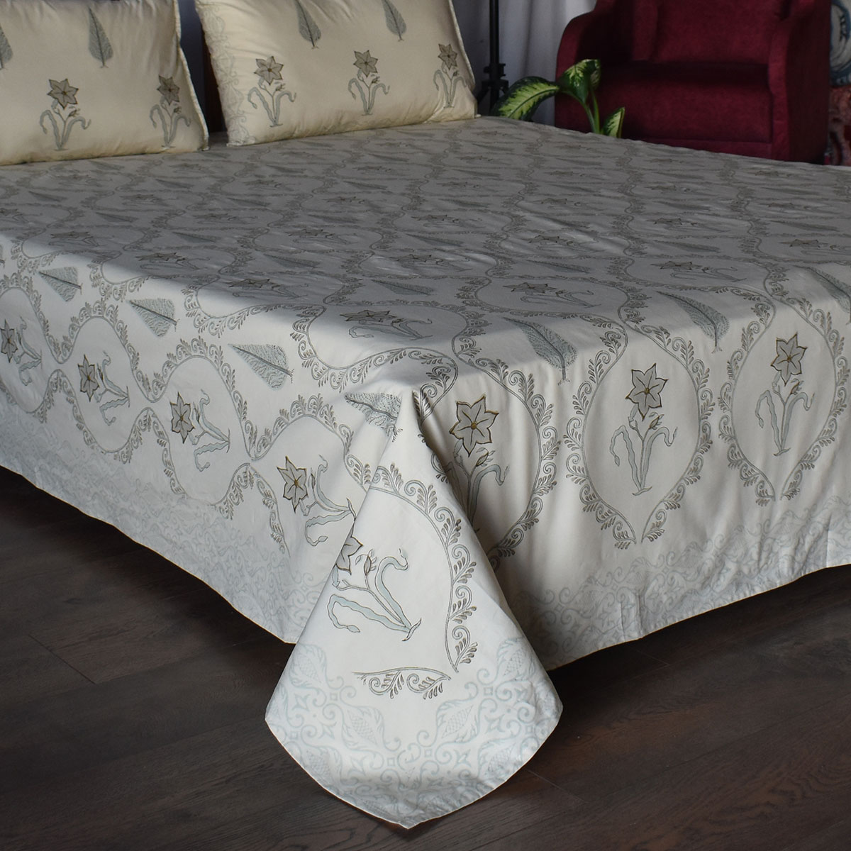 King Size Block Printed Percale Fine Cotton Bedspread with 2 Pillow Cases 200942