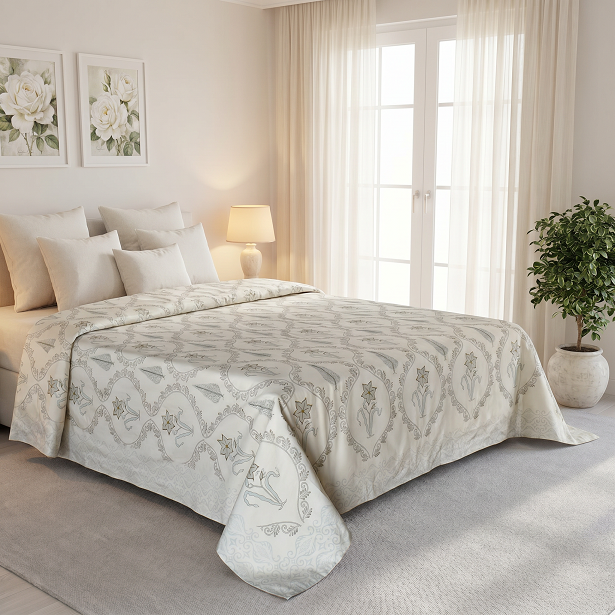 King Size Block Printed Percale Fine Cotton Bedspread with 2 Pillow Cases 200942