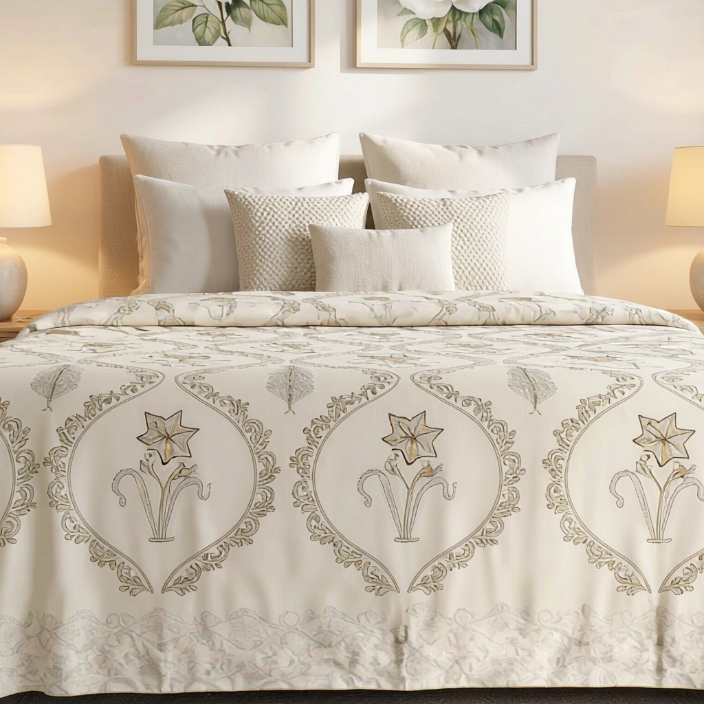 King Size Block Printed Percale Fine Cotton Bedspread with 2 Pillow Cases 200942
