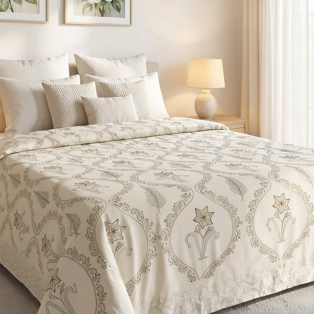 King Size Block Printed Percale Fine Cotton Bedspread with 2 Pillow Cases 200942