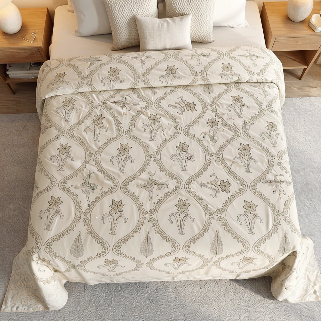King Size Block Printed Percale Fine Cotton Bedspread with 2 Pillow Cases 200942