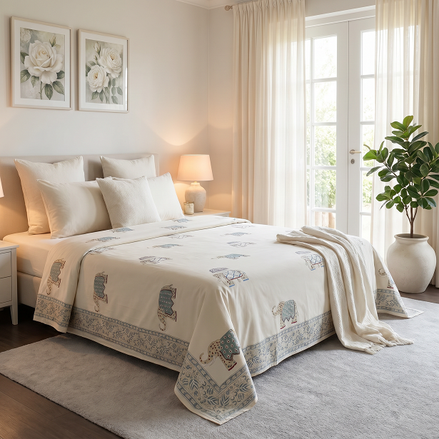 King Size Block Printed Percale Fine Cotton Bedspread with 2 Pillow Cases 200943