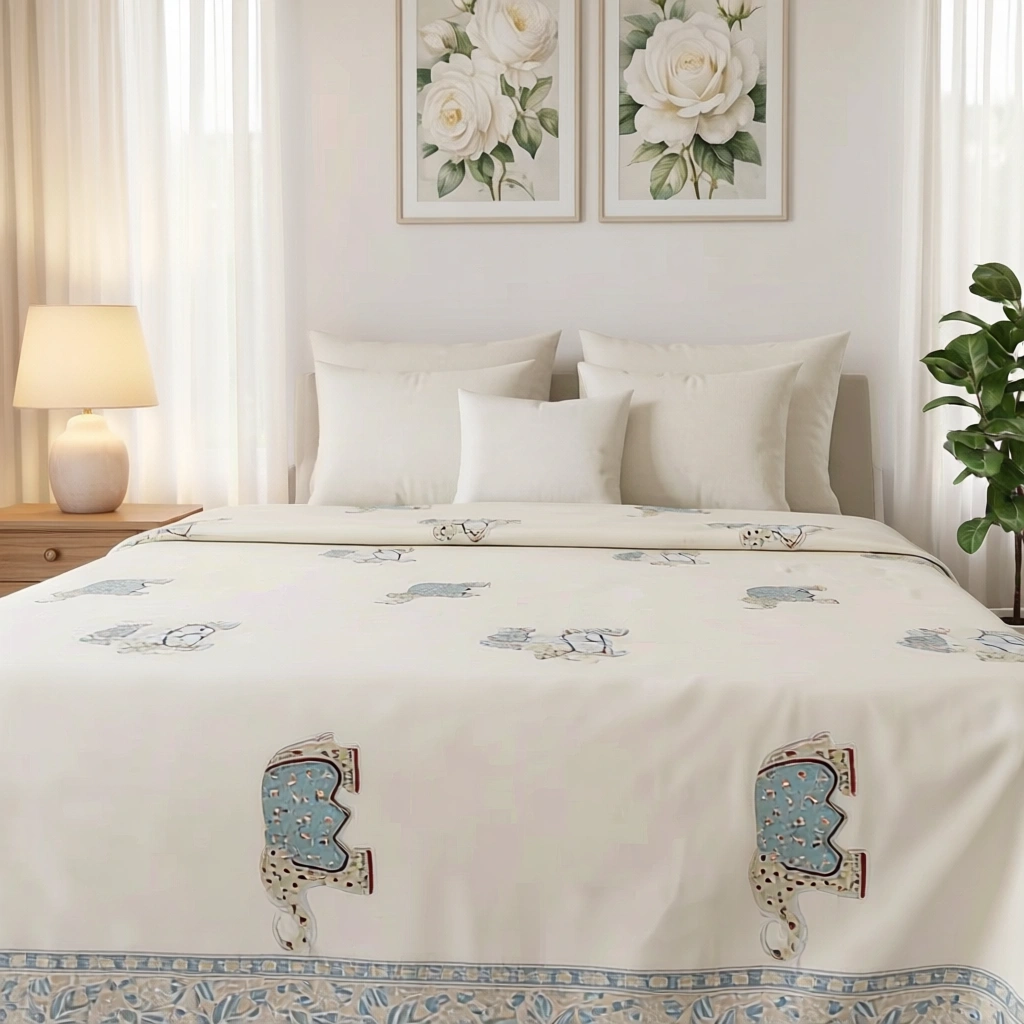 King Size Block Printed Percale Fine Cotton Bedspread with 2 Pillow Cases 200943