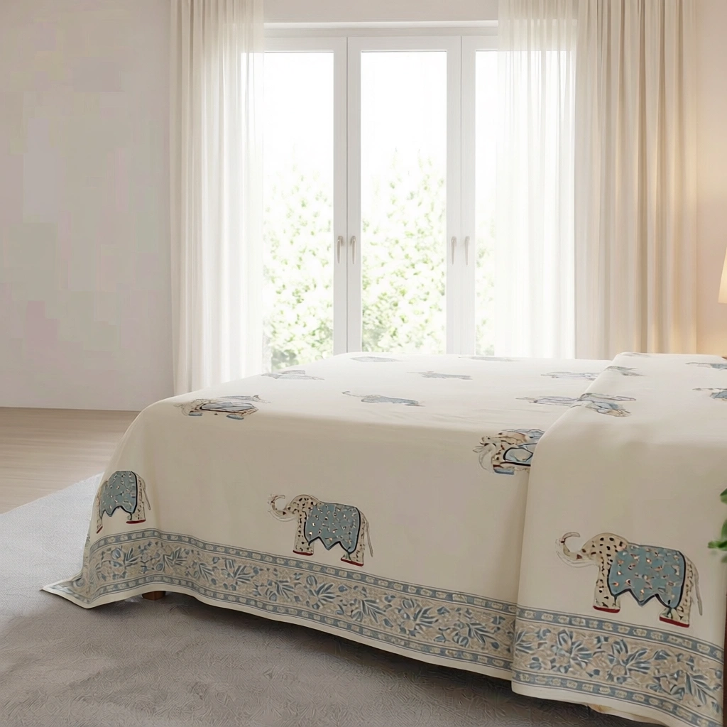 King Size Block Printed Percale Fine Cotton Bedspread with 2 Pillow Cases 200943