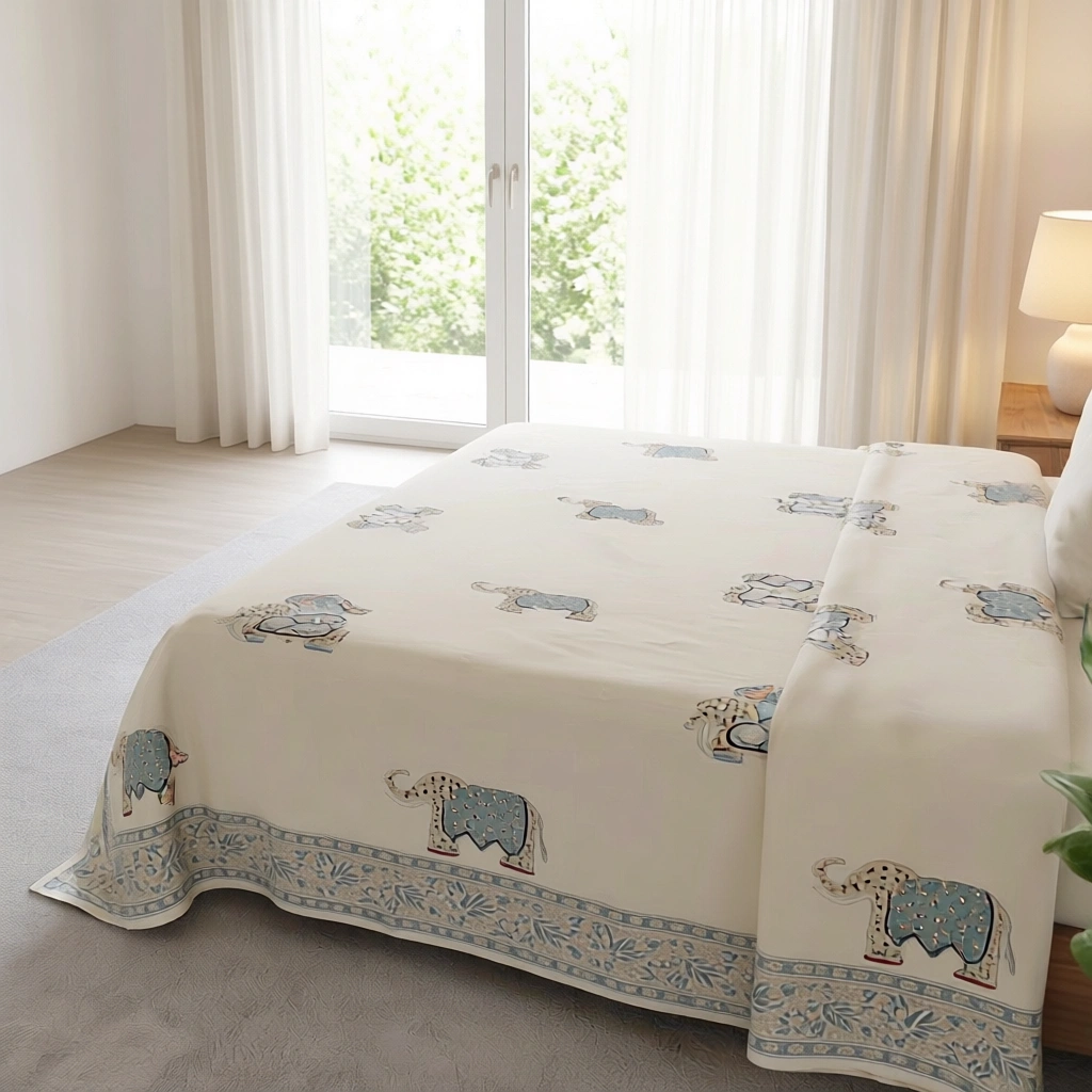 King Size Block Printed Percale Fine Cotton Bedspread with 2 Pillow Cases 200943