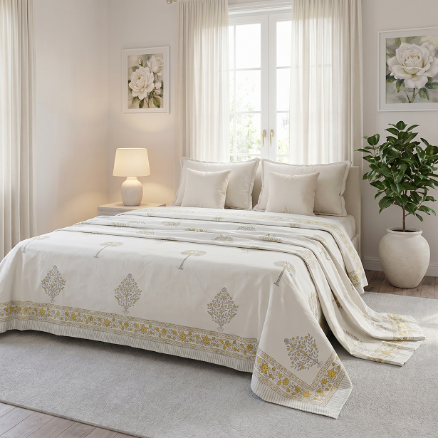 King Size Block Printed Percale Fine Cotton Bedspread with 2 Pillow Cases 200944