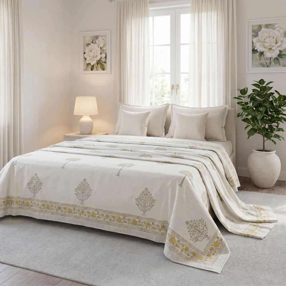 Image of King Size Block Printed Percale Fine Cotton Bedspread with 2 Pillow Cases  | 200944
