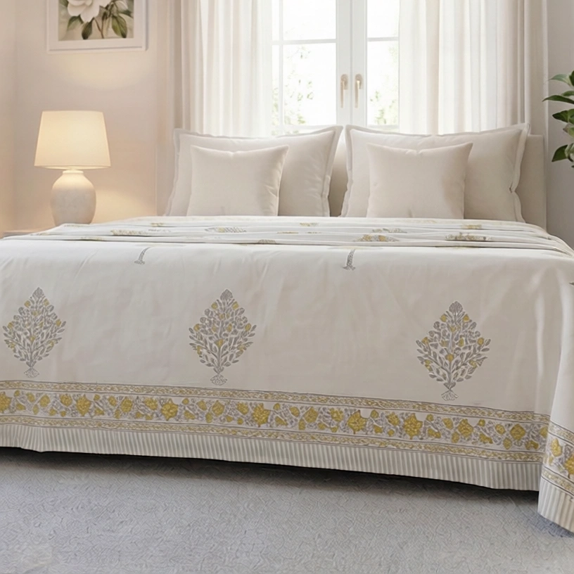 King Size Block Printed Percale Fine Cotton Bedspread with 2 Pillow Cases 200944