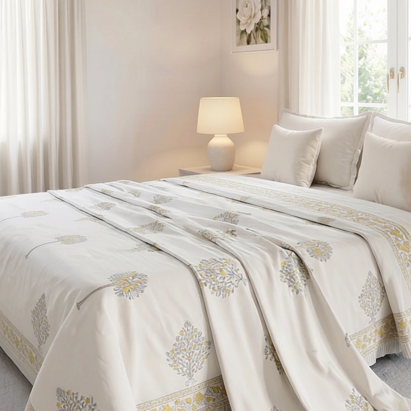 King Size Block Printed Percale Fine Cotton Bedspread with 2 Pillow Cases 200944