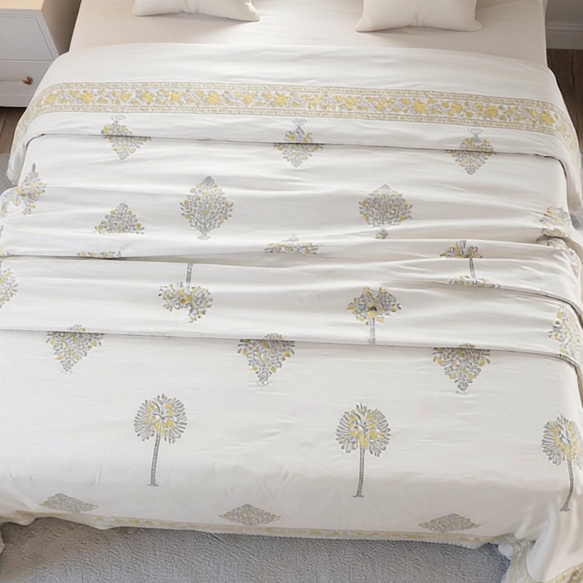 King Size Block Printed Percale Fine Cotton Bedspread with 2 Pillow Cases 200944