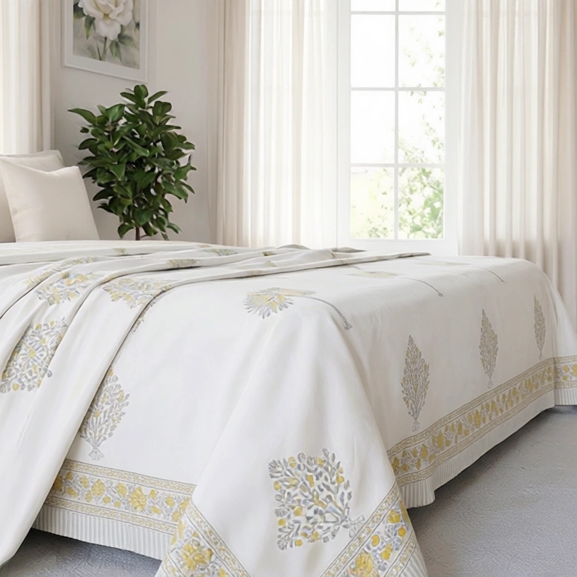 King Size Block Printed Percale Fine Cotton Bedspread with 2 Pillow Cases 200944