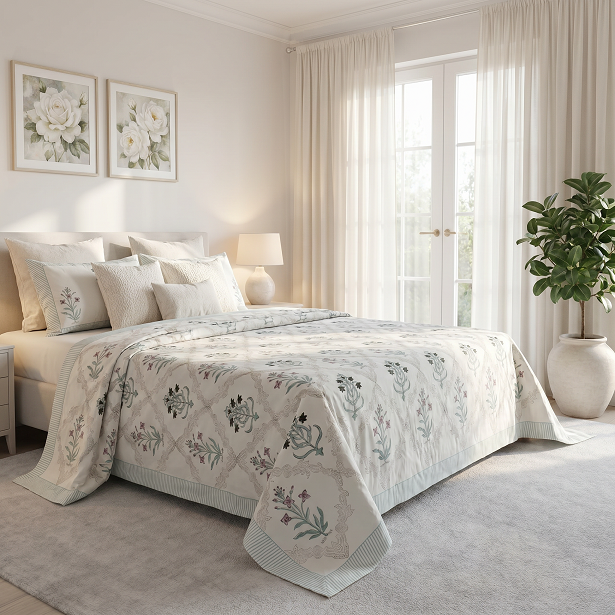 King Size Block Printed Percale Fine Cotton Bedspread with 2 Pillow Cases 200945