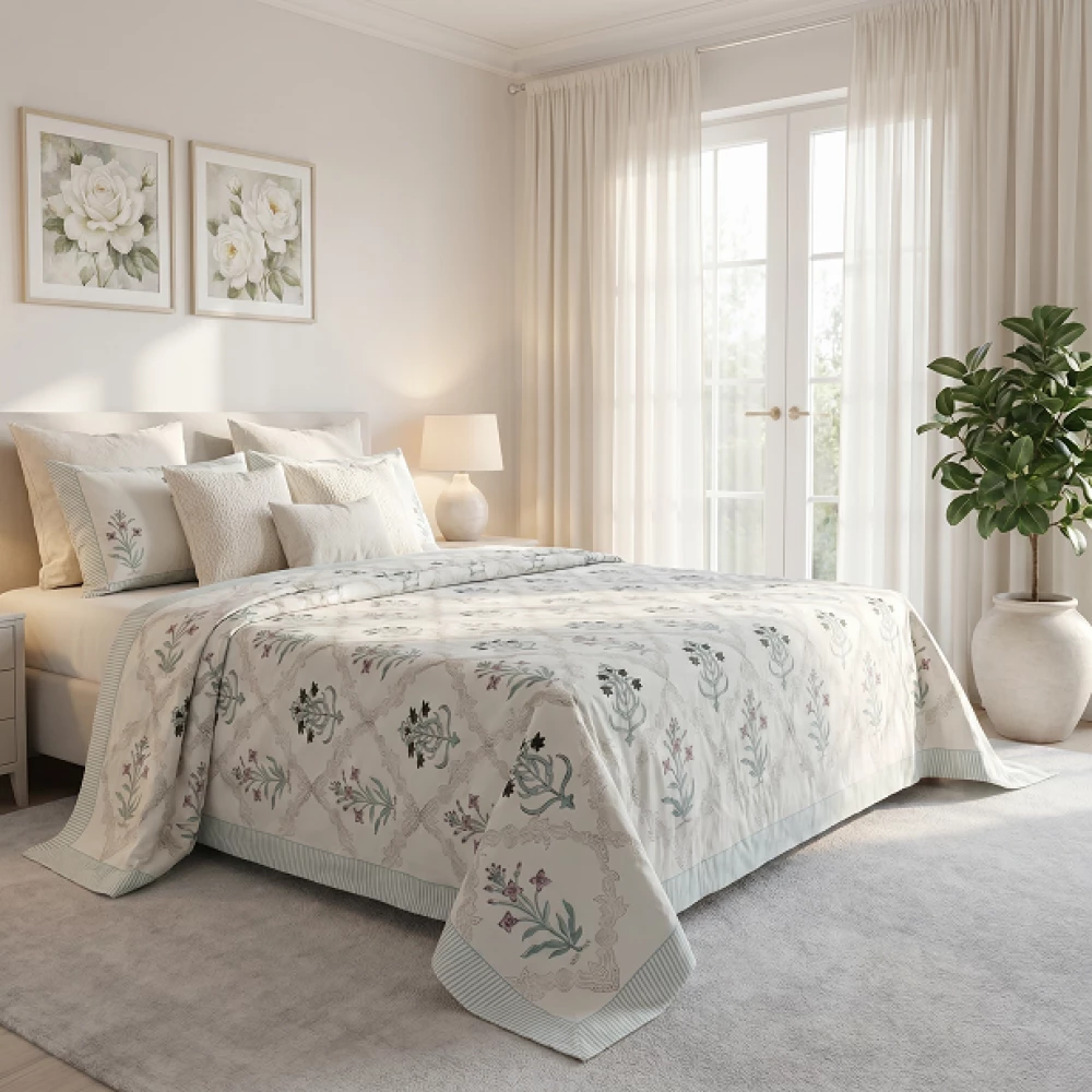 Image of King Size Block Printed Percale Fine Cotton Bedspread with 2 Pillow Cases  | 200945