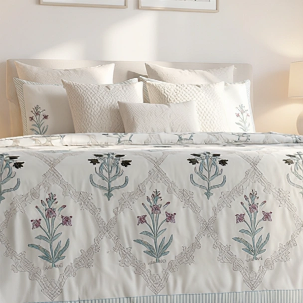 King Size Block Printed Percale Fine Cotton Bedspread with 2 Pillow Cases 200945