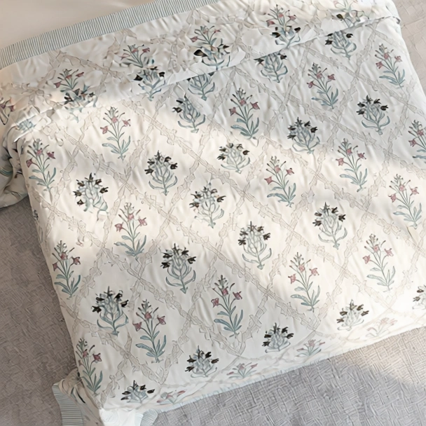 King Size Block Printed Percale Fine Cotton Bedspread with 2 Pillow Cases 200945