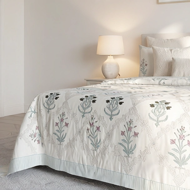 King Size Block Printed Percale Fine Cotton Bedspread with 2 Pillow Cases 200945