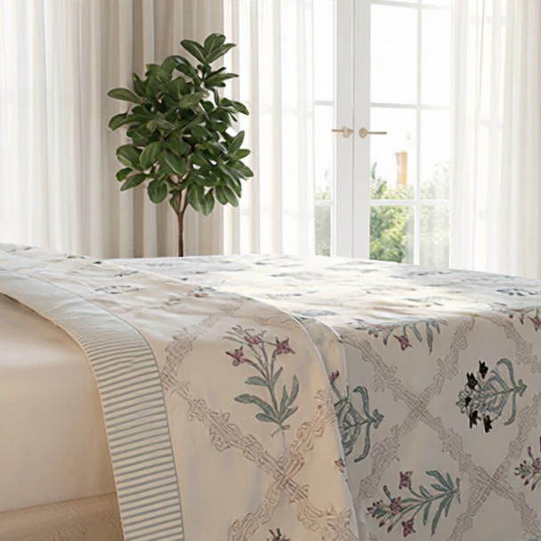 King Size Block Printed Percale Fine Cotton Bedspread with 2 Pillow Cases 200945