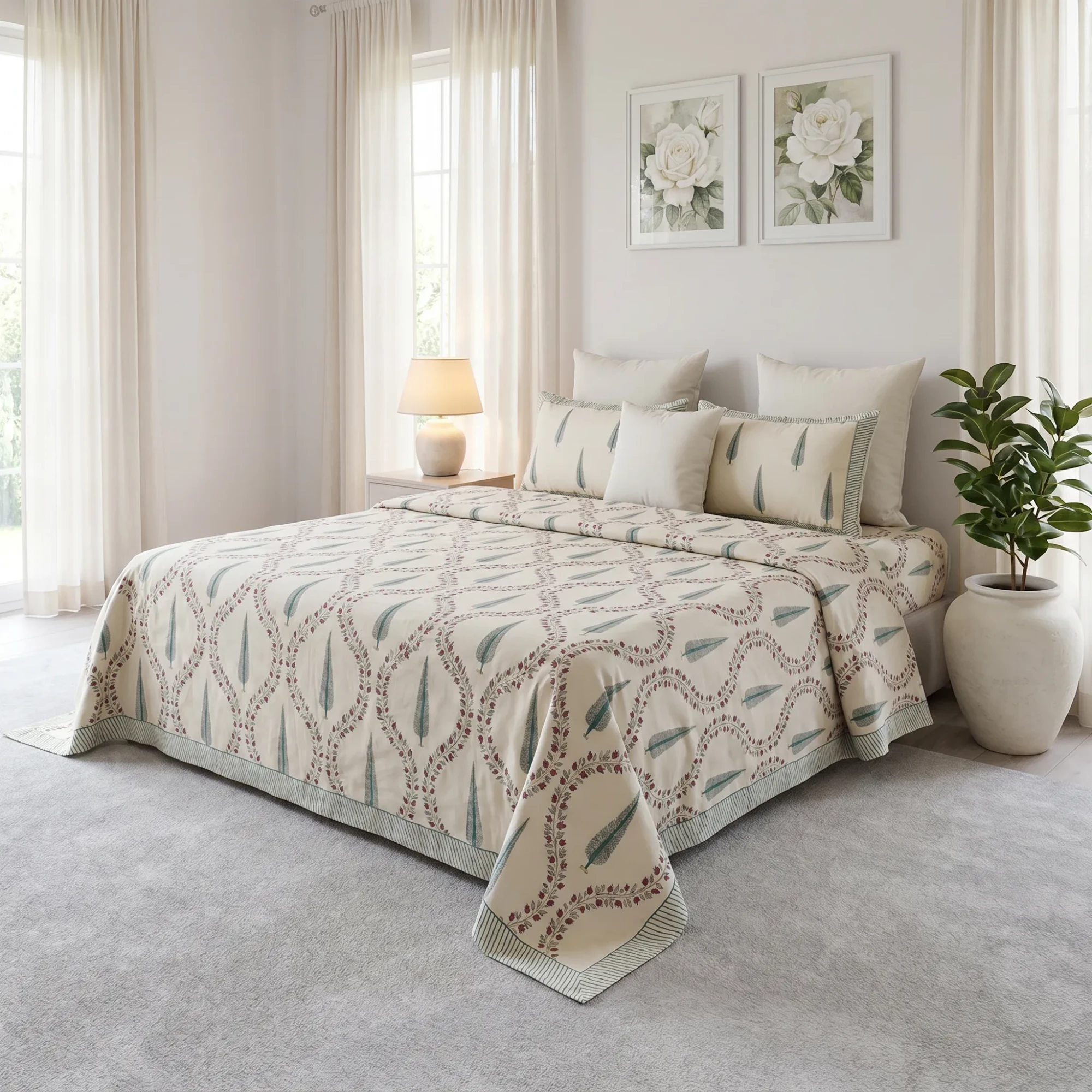 King Size Block Printed Percale Fine Cotton Bedspread with 2 Pillow Cases 200946