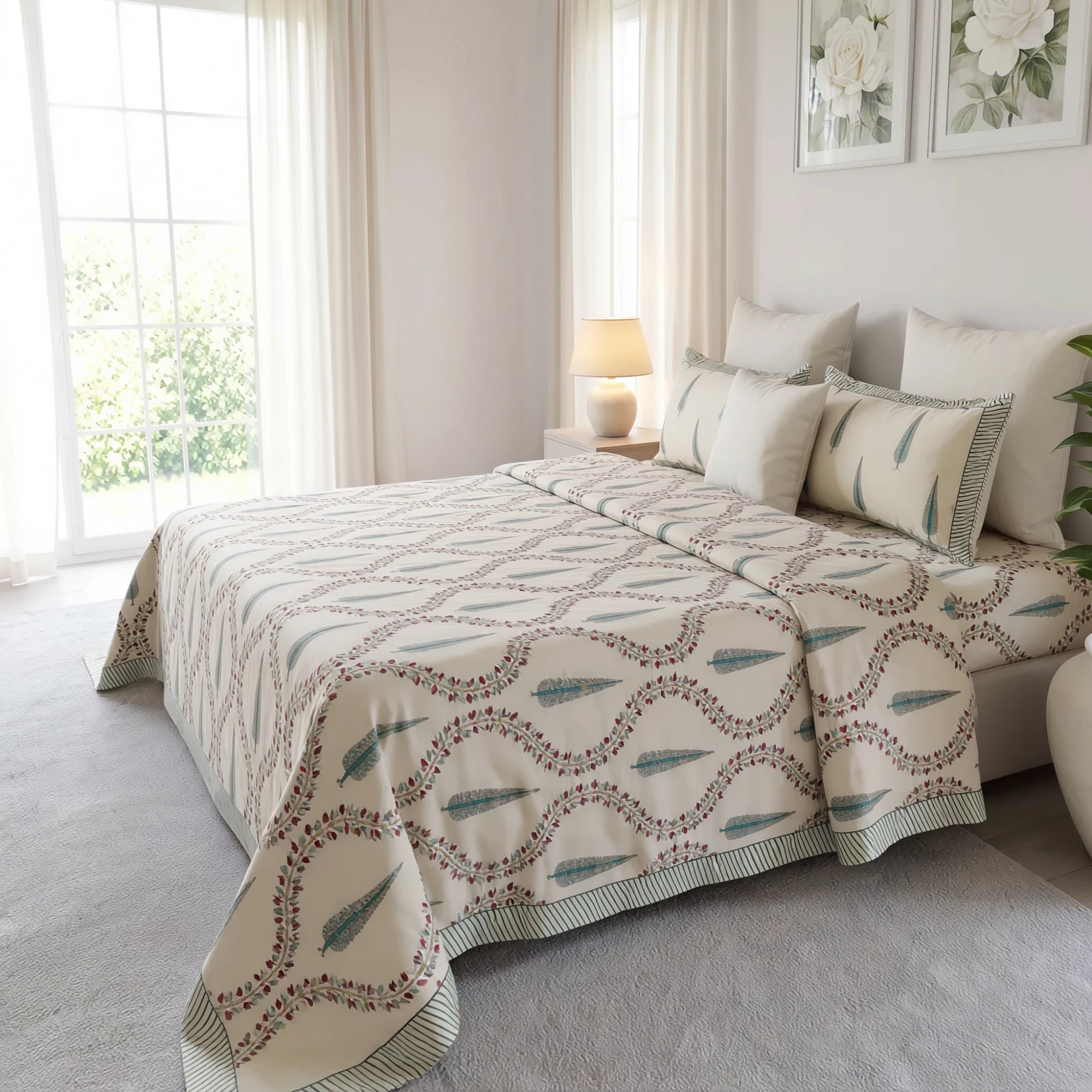 King Size Block Printed Percale Fine Cotton Bedspread with 2 Pillow Cases 200946