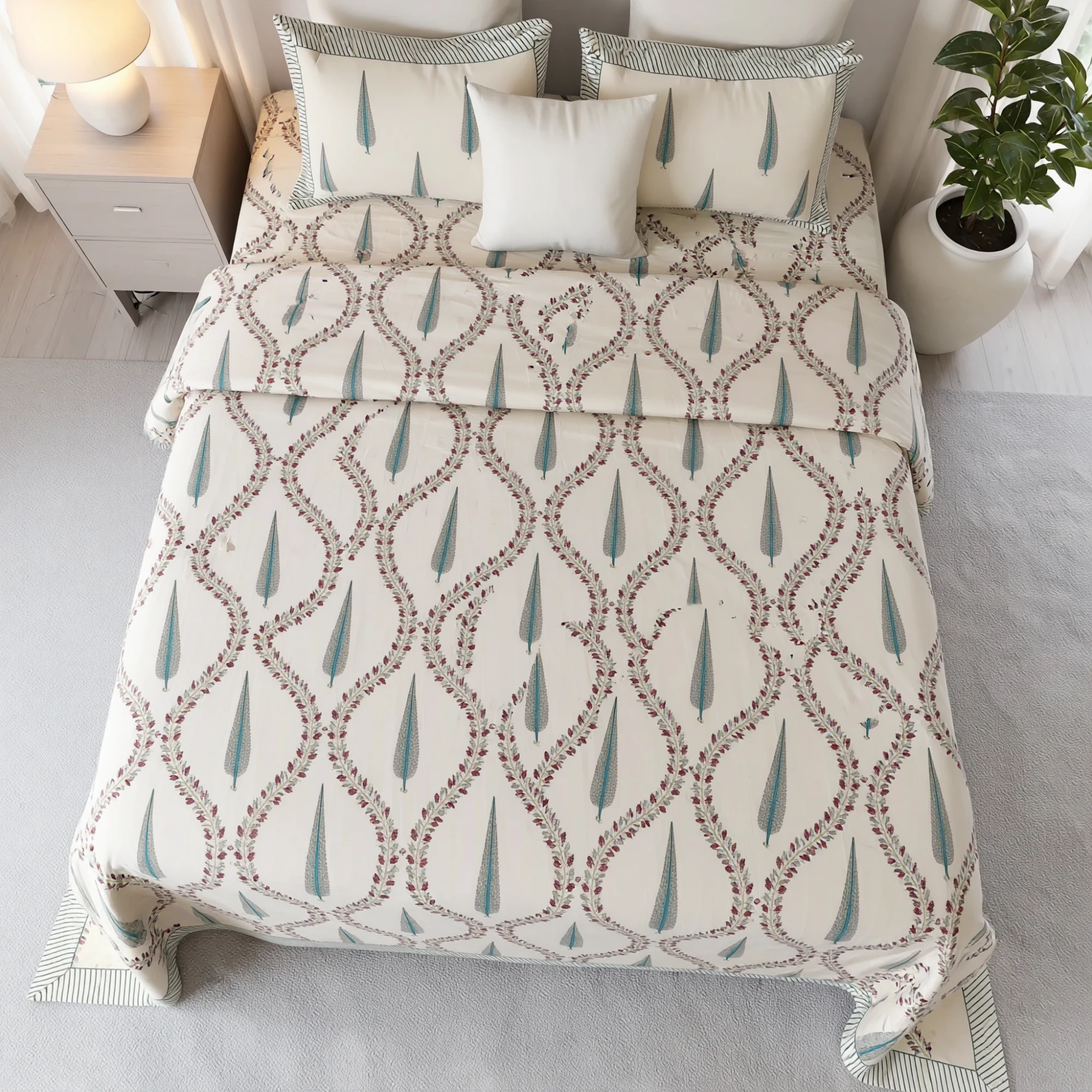 King Size Block Printed Percale Fine Cotton Bedspread with 2 Pillow Cases 200946