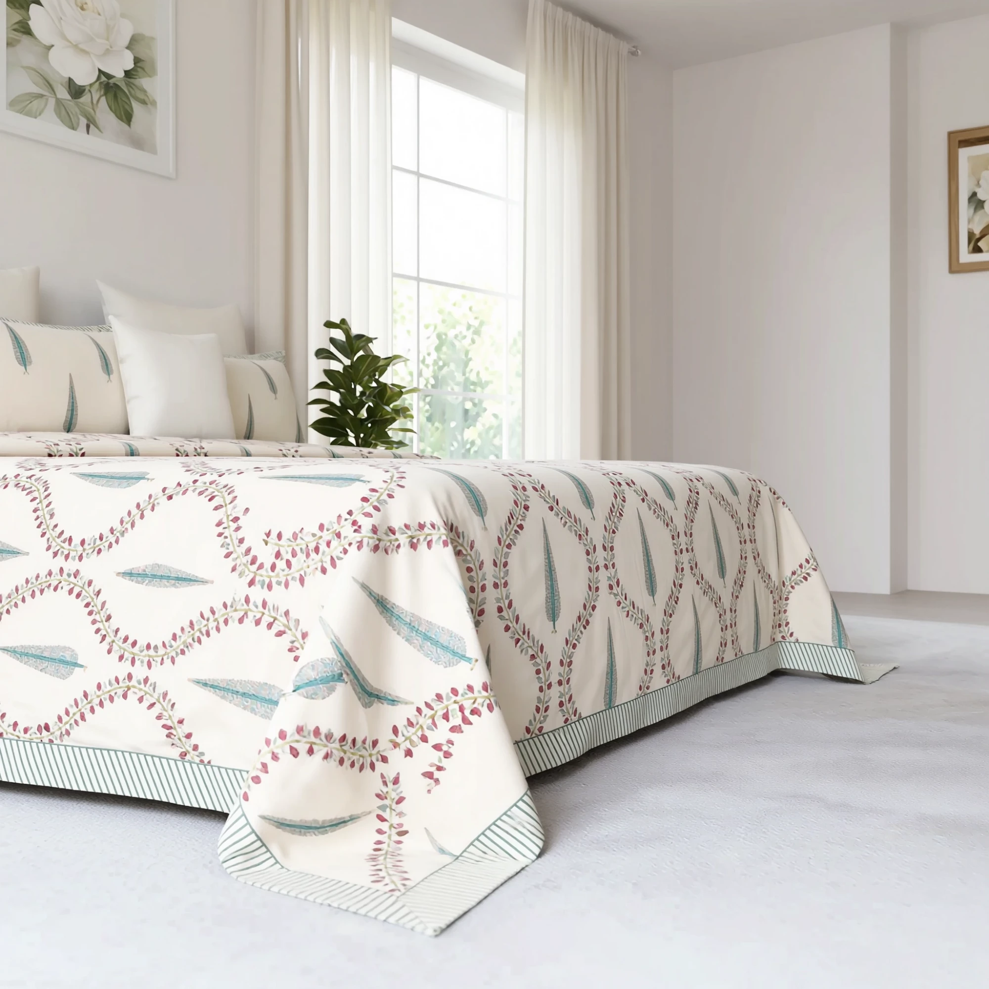 King Size Block Printed Percale Fine Cotton Bedspread with 2 Pillow Cases 200946