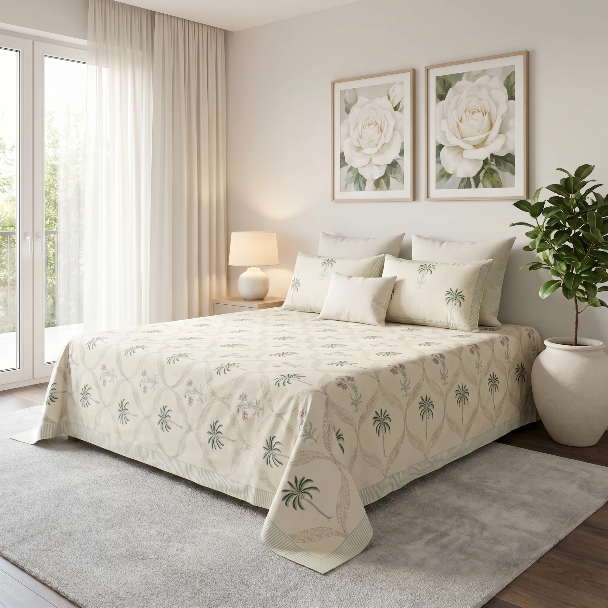 King Size Block Printed Percale Fine Cotton Bedspread with 2 Pillow Cases 200947