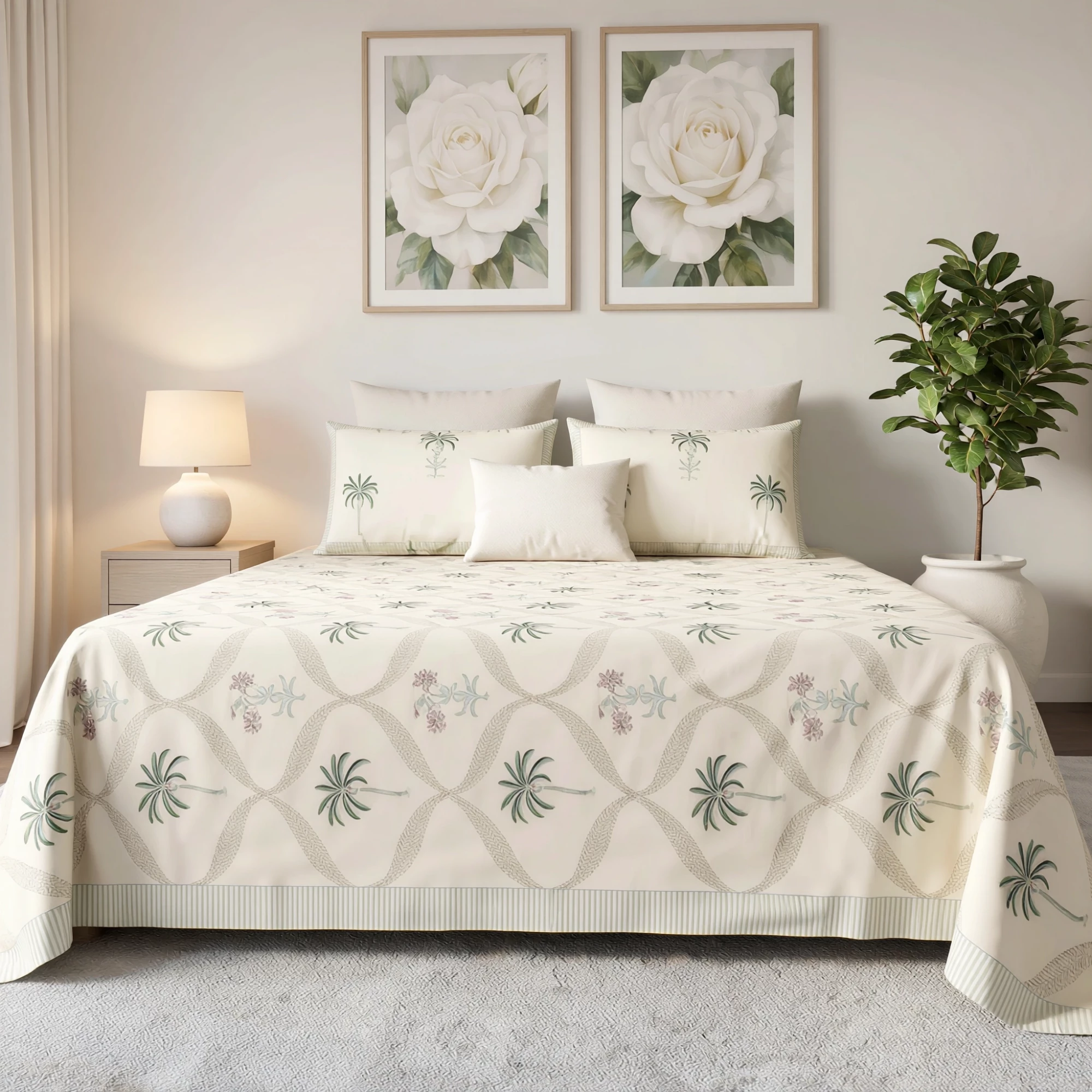 King Size Block Printed Percale Fine Cotton Bedspread with 2 Pillow Cases 200947