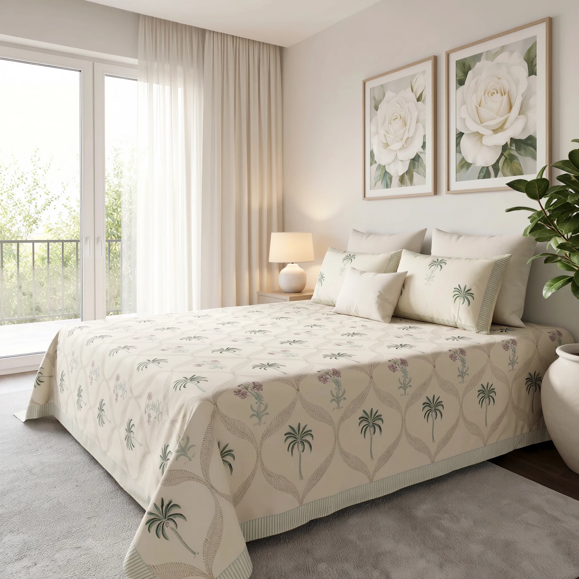 King Size Block Printed Percale Fine Cotton Bedspread with 2 Pillow Cases 200947