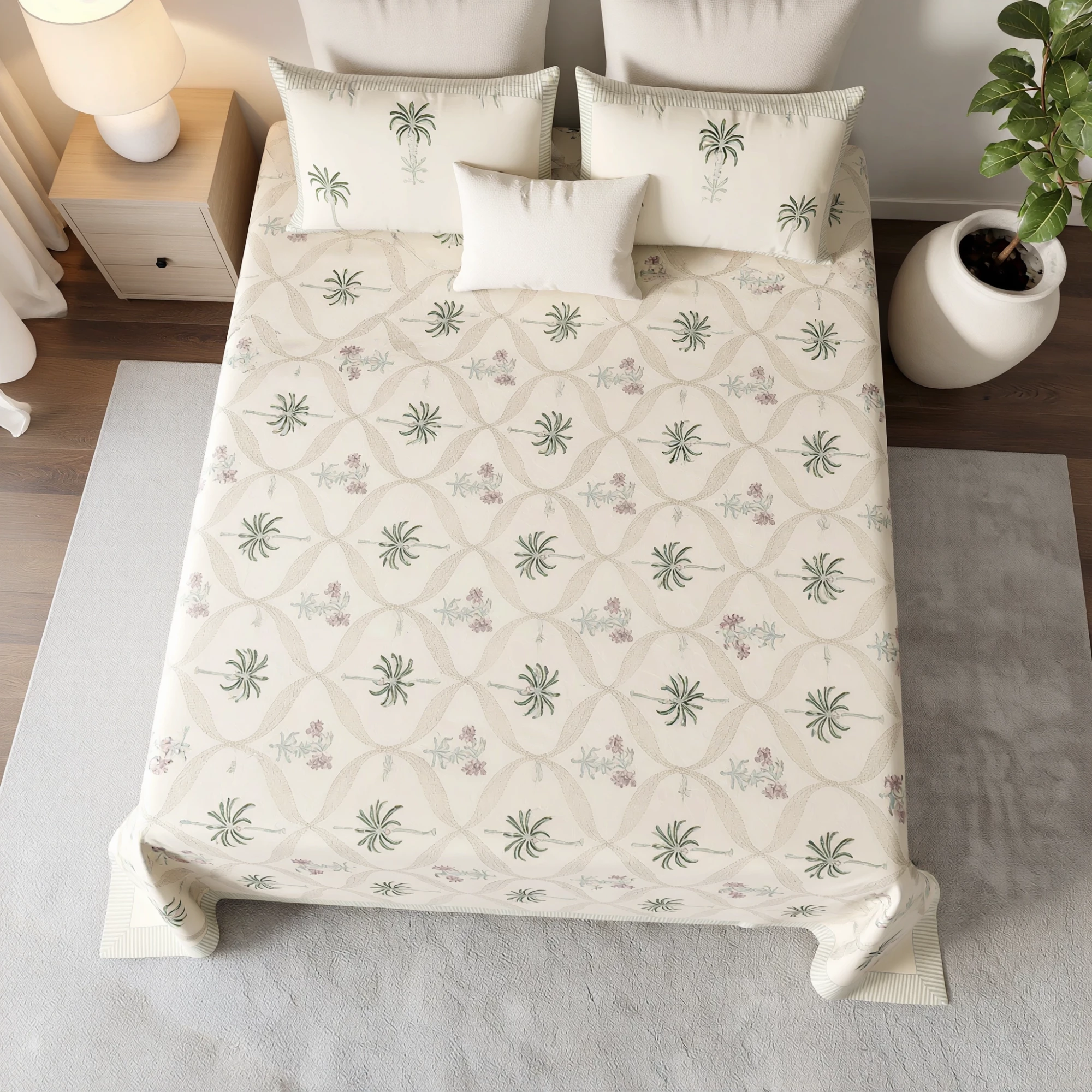 King Size Block Printed Percale Fine Cotton Bedspread with 2 Pillow Cases 200947