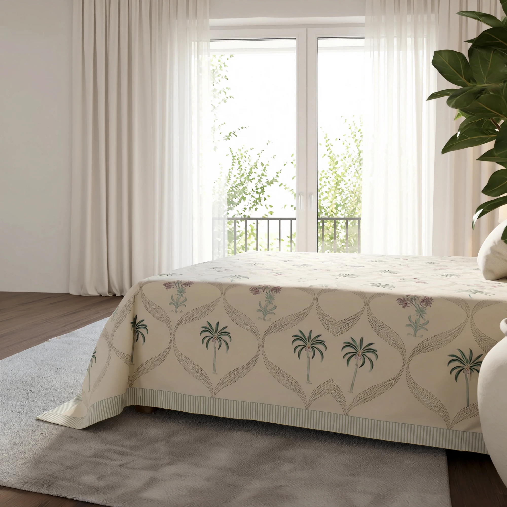 King Size Block Printed Percale Fine Cotton Bedspread with 2 Pillow Cases 200947