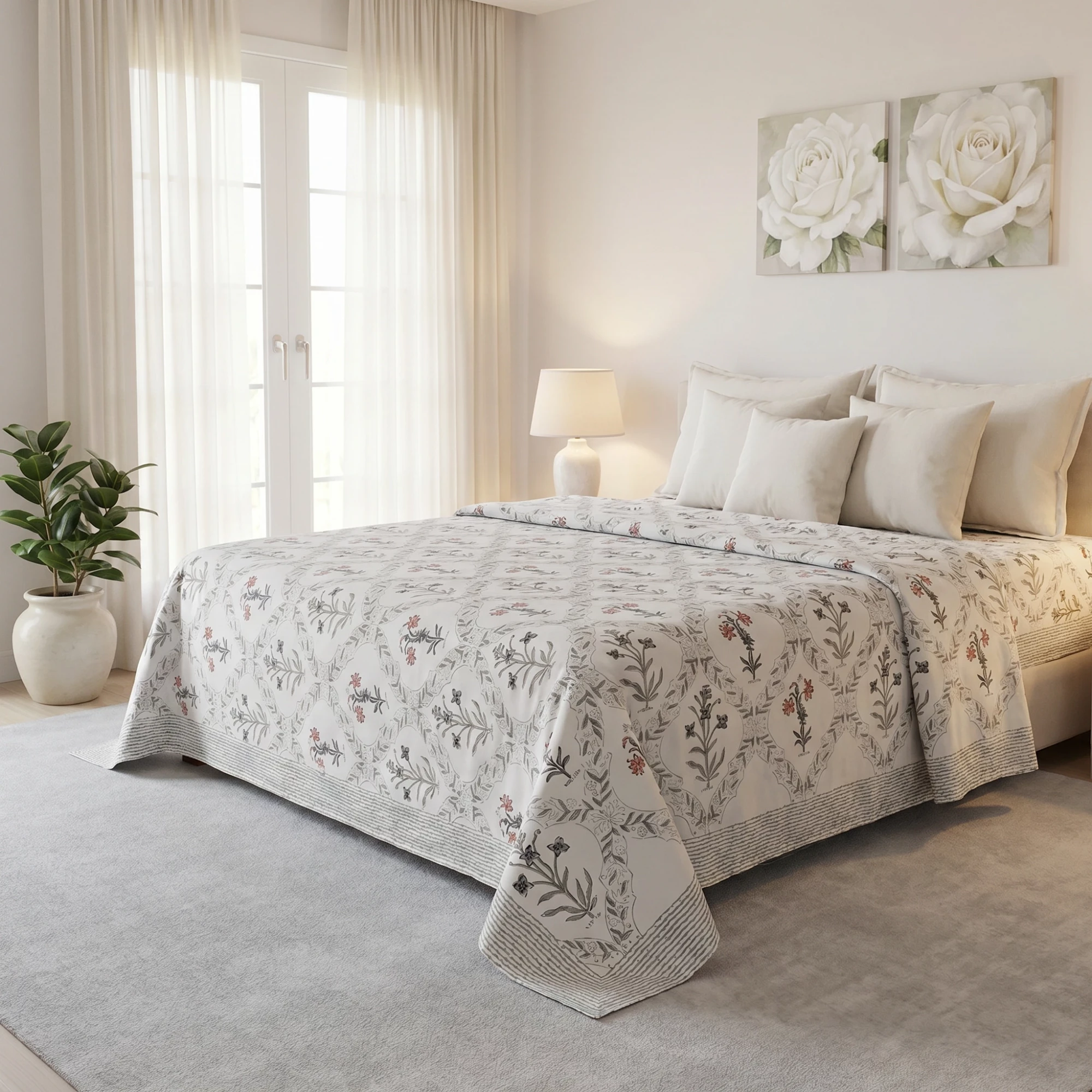 King Size Block Printed Percale Fine Cotton Bedspread with 2 Pillow Cases 200948