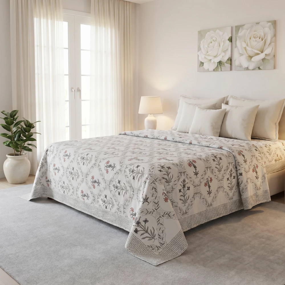 Image of King Size Block Printed Percale Fine Cotton Bedspread with 2 Pillow Cases  | 200948