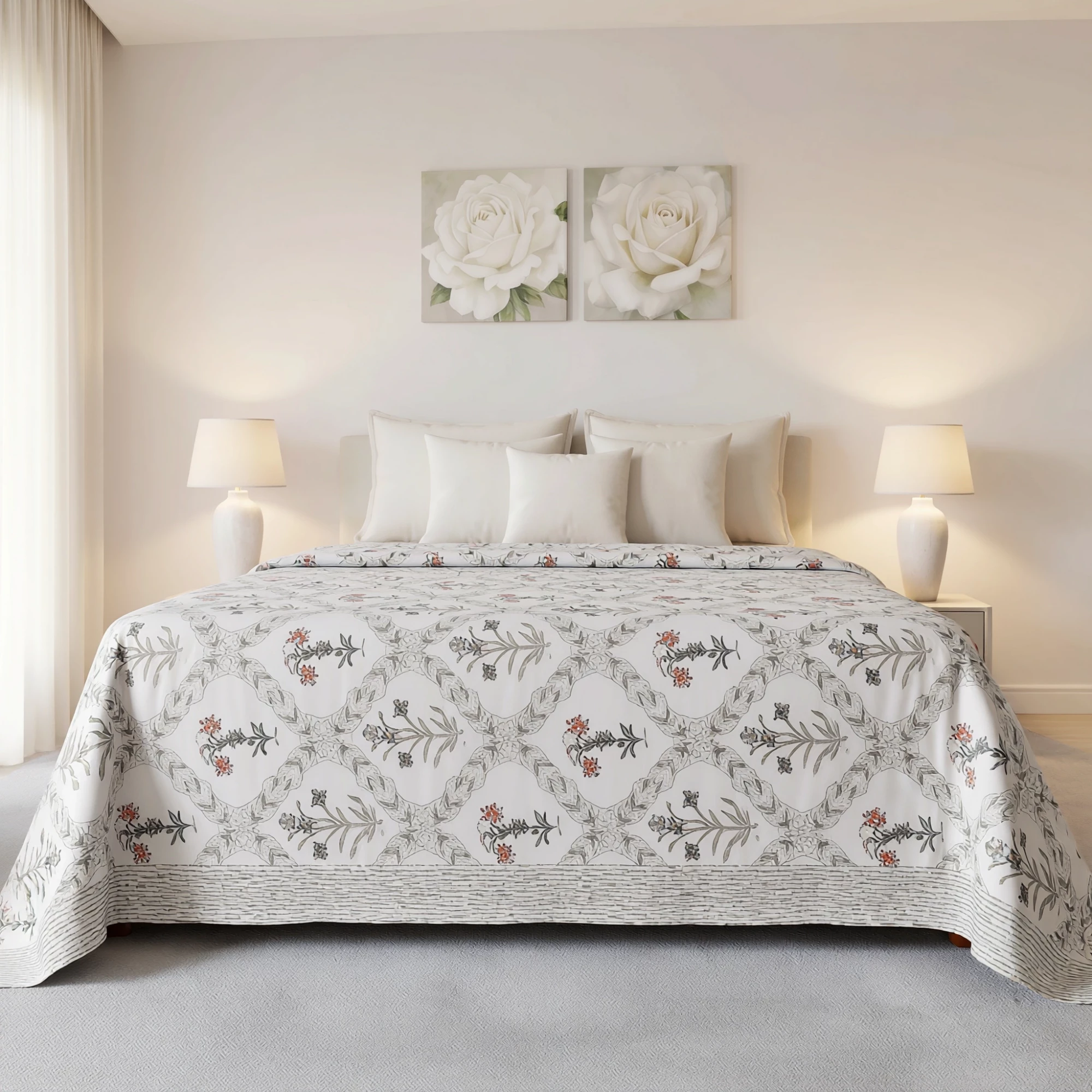 King Size Block Printed Percale Fine Cotton Bedspread with 2 Pillow Cases 200948