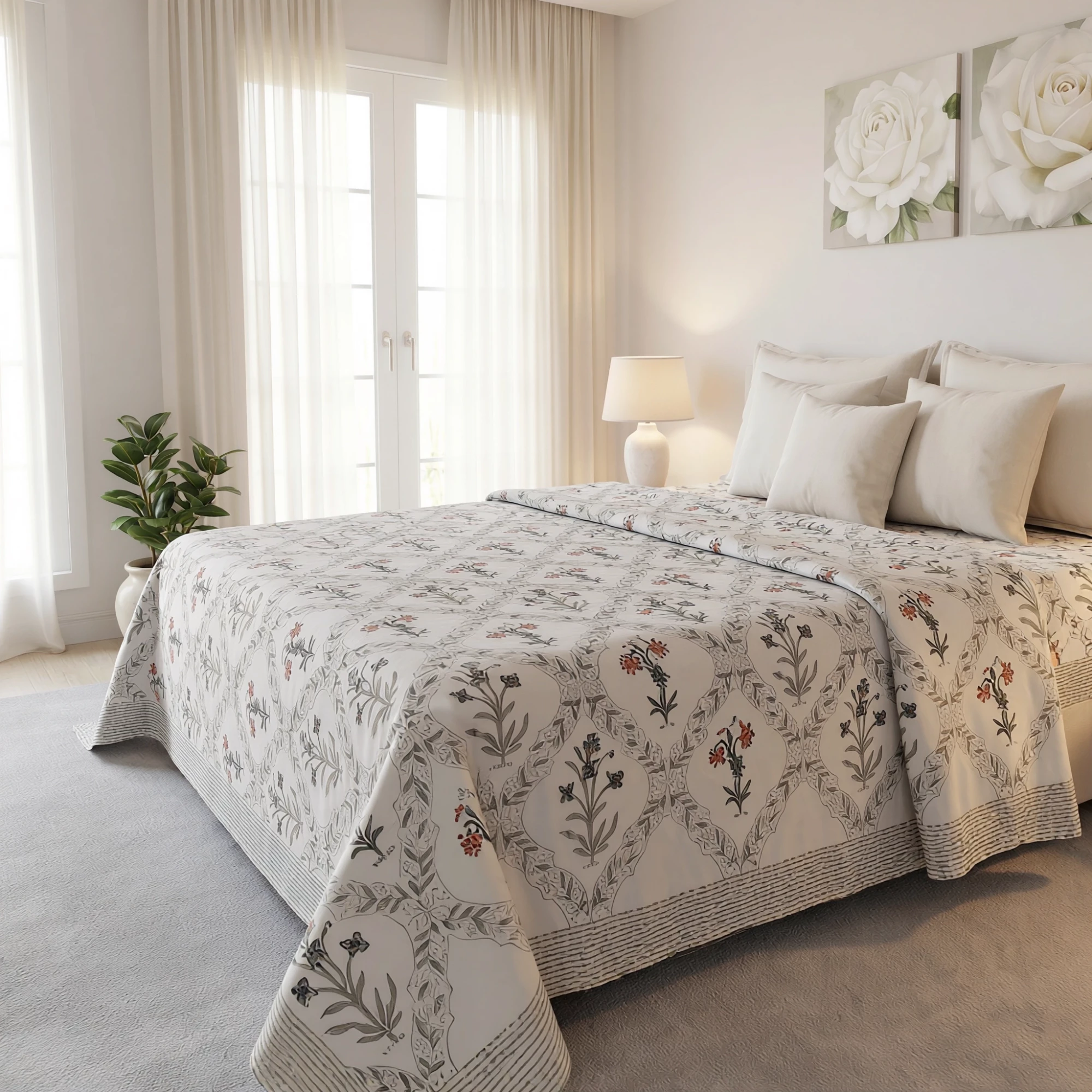 King Size Block Printed Percale Fine Cotton Bedspread with 2 Pillow Cases 200948