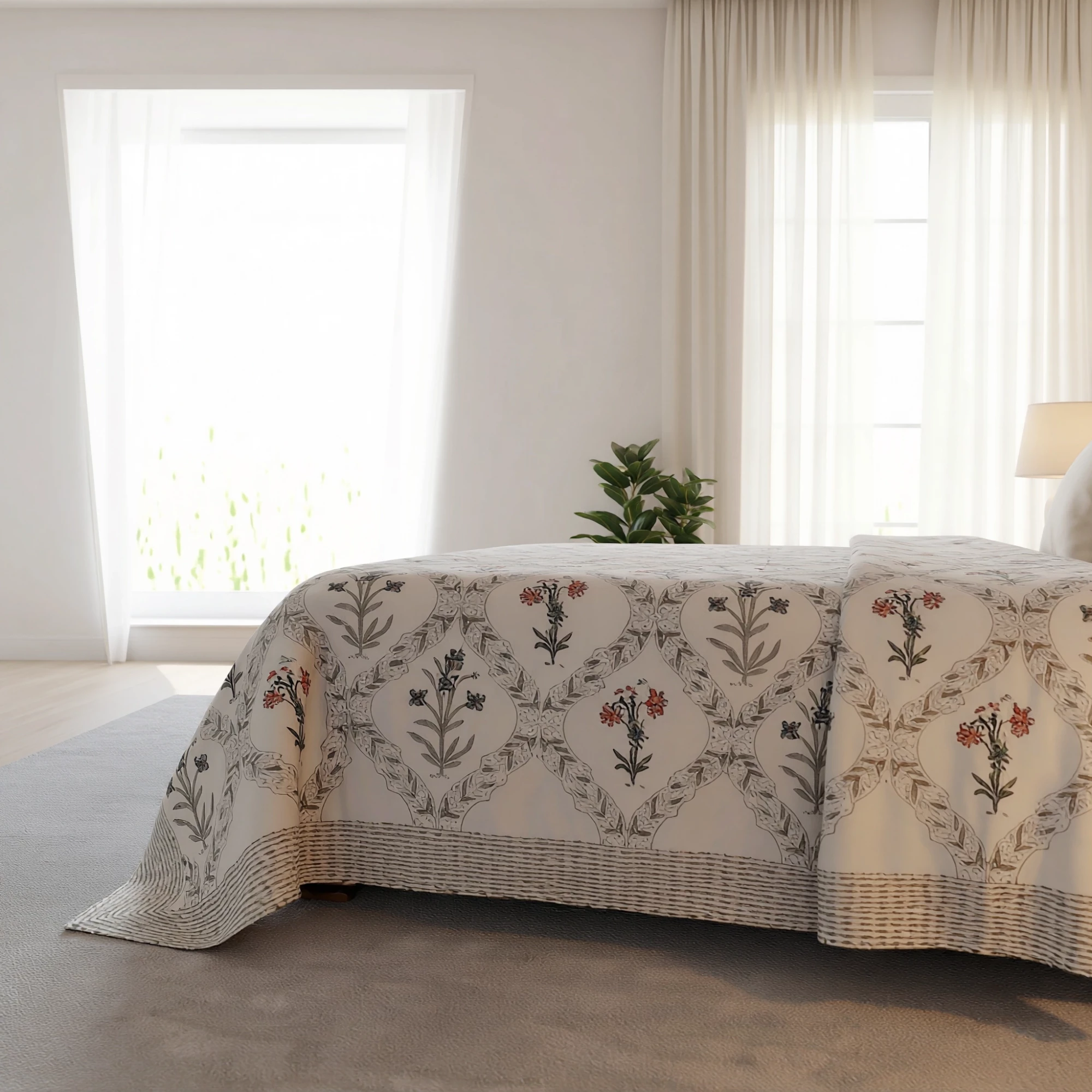 King Size Block Printed Percale Fine Cotton Bedspread with 2 Pillow Cases 200948