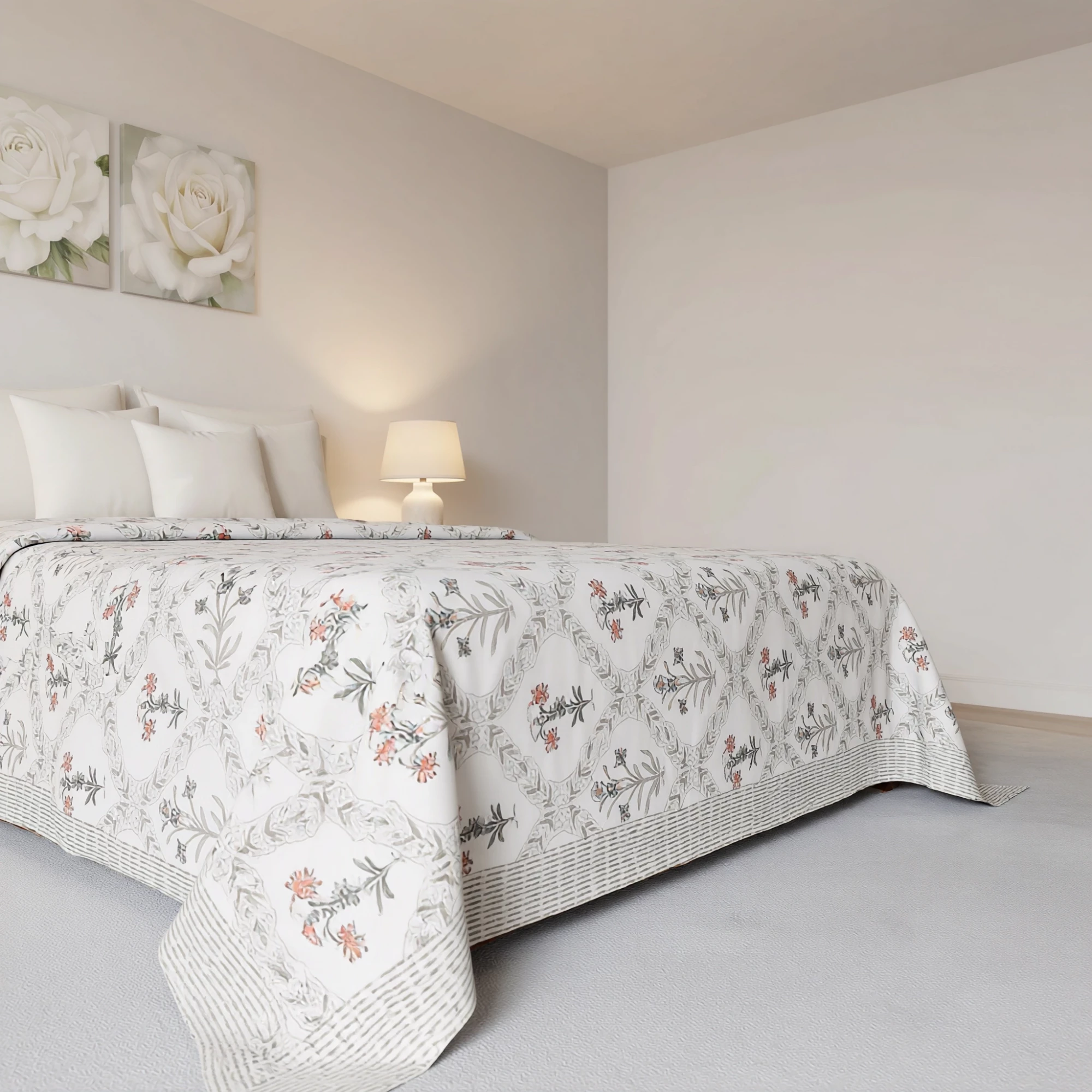 King Size Block Printed Percale Fine Cotton Bedspread with 2 Pillow Cases 200948