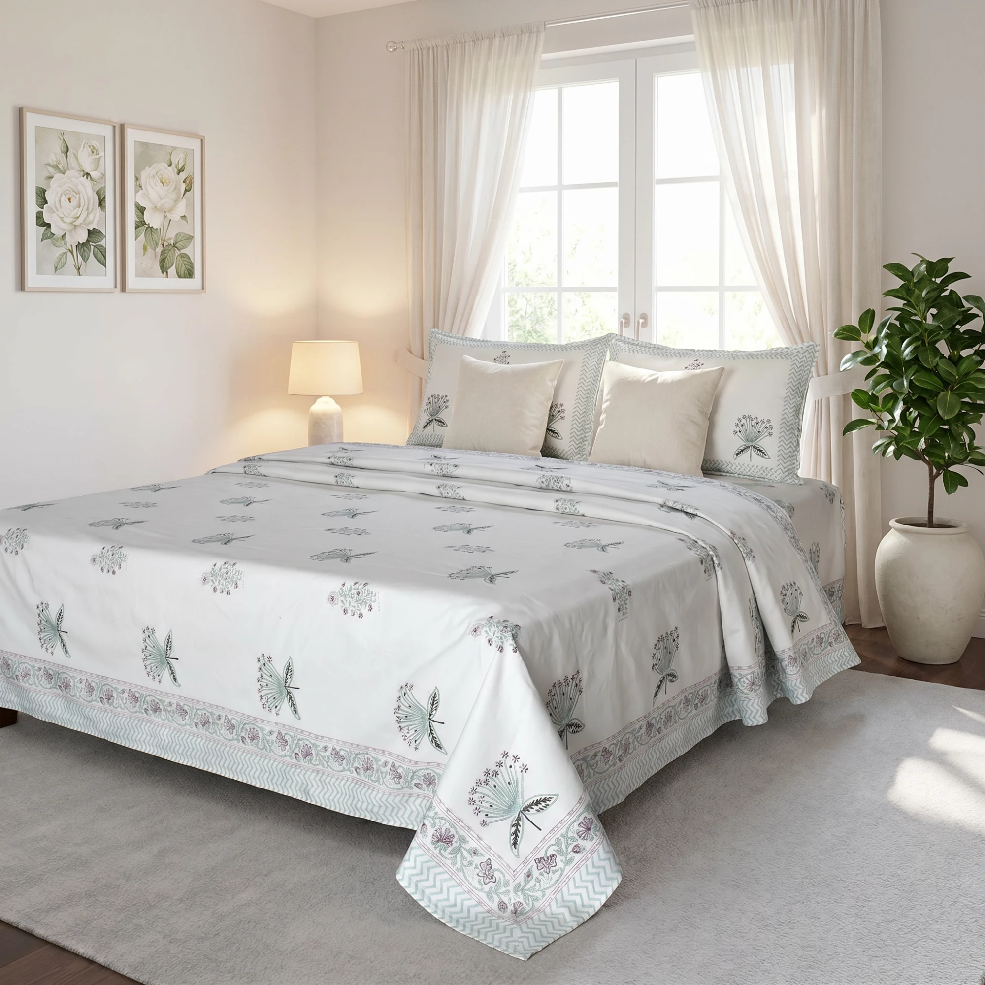King Size Block Printed Percale Fine Cotton Bedspread with 2 Pillow Cases 200949