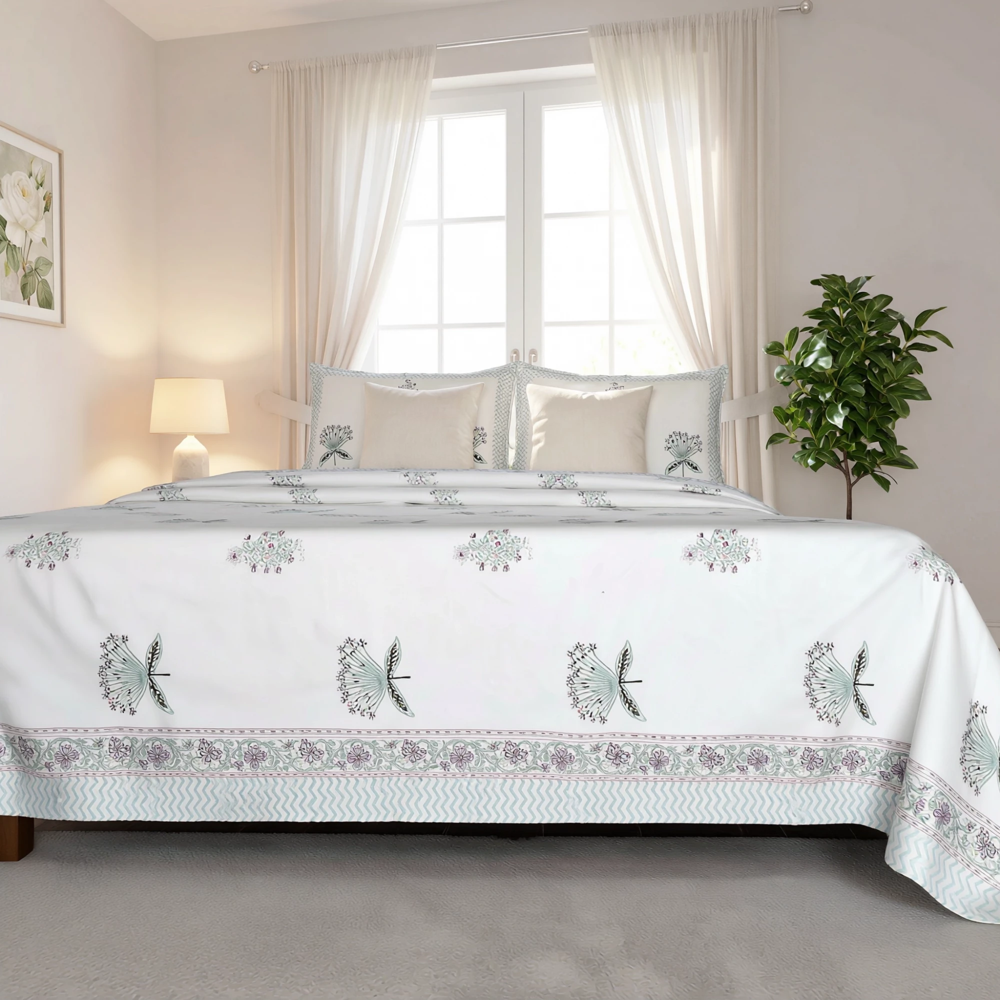 King Size Block Printed Percale Fine Cotton Bedspread with 2 Pillow Cases 200949
