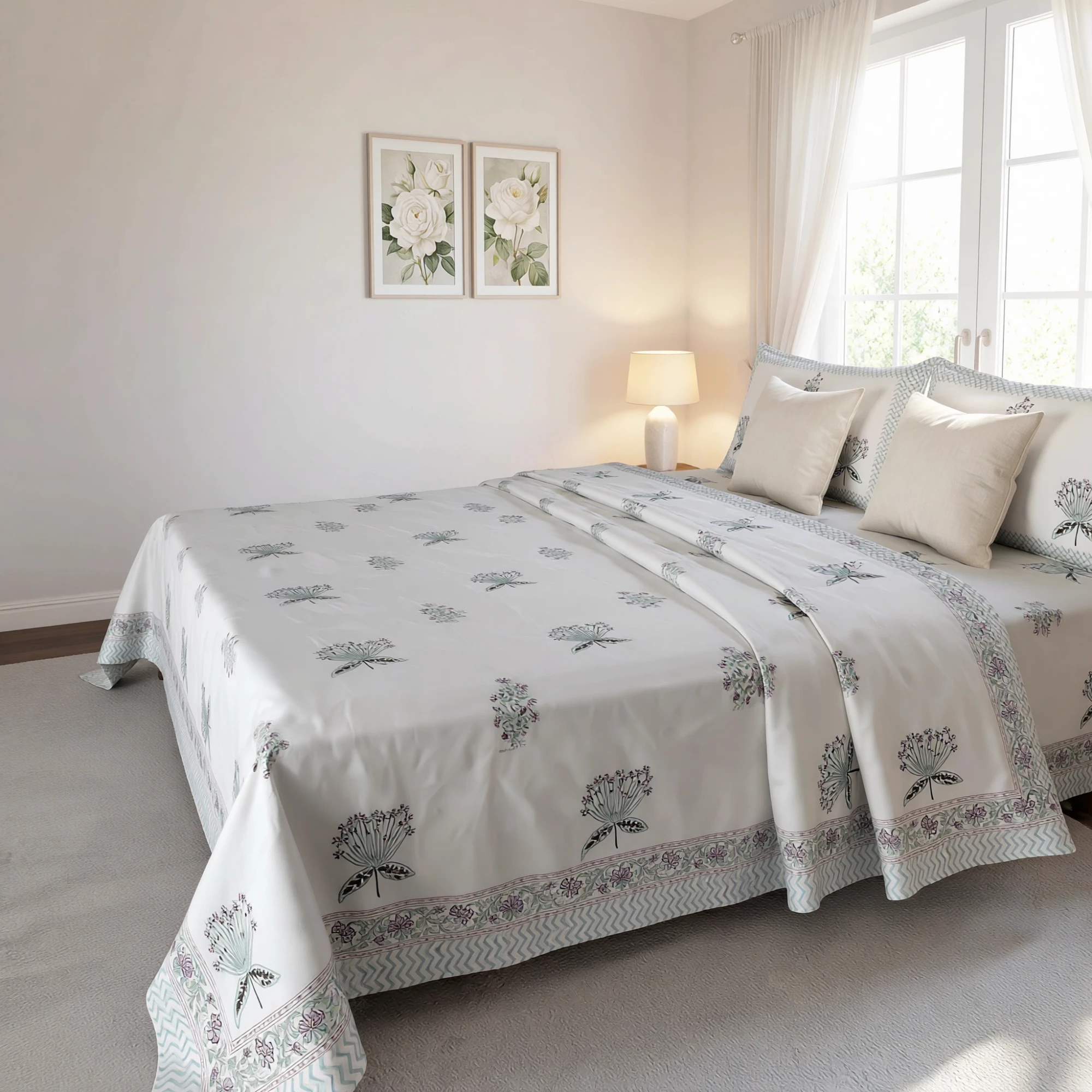 King Size Block Printed Percale Fine Cotton Bedspread with 2 Pillow Cases 200949