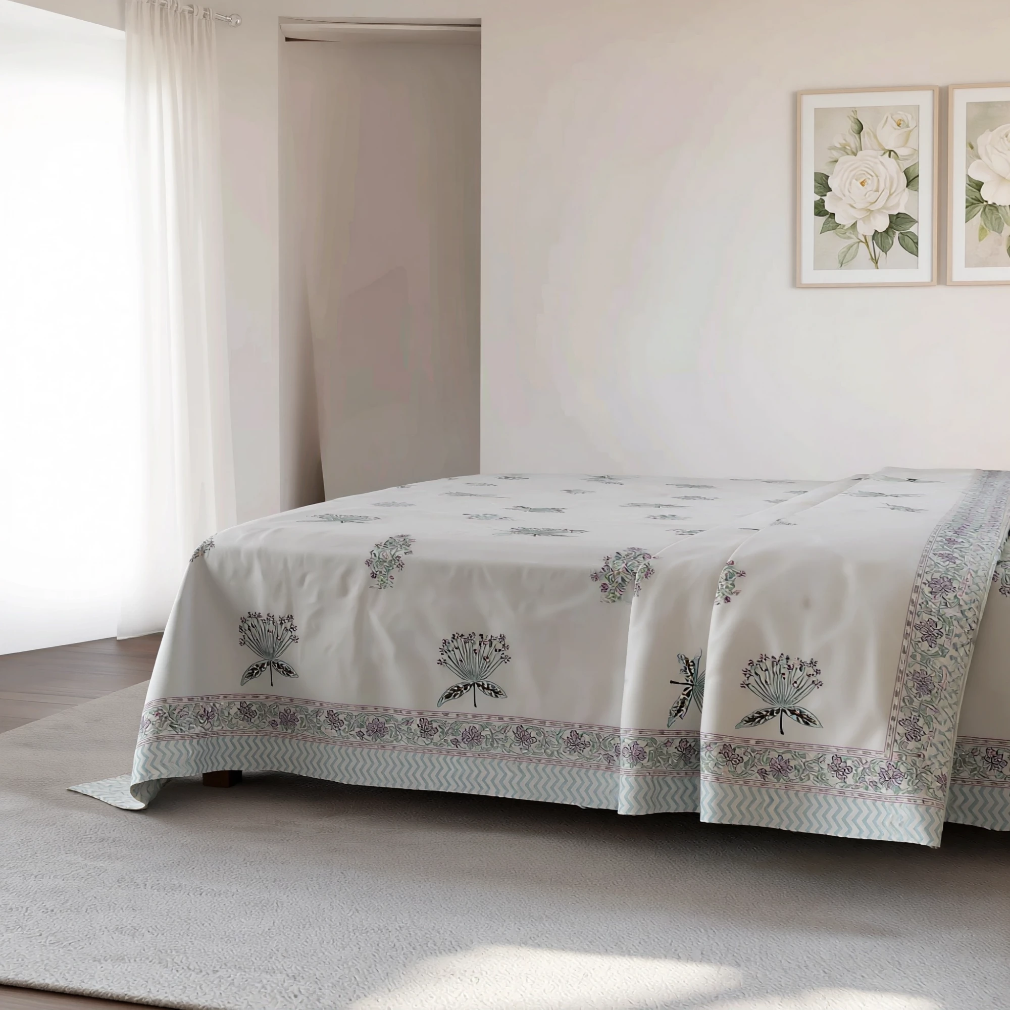 King Size Block Printed Percale Fine Cotton Bedspread with 2 Pillow Cases 200949