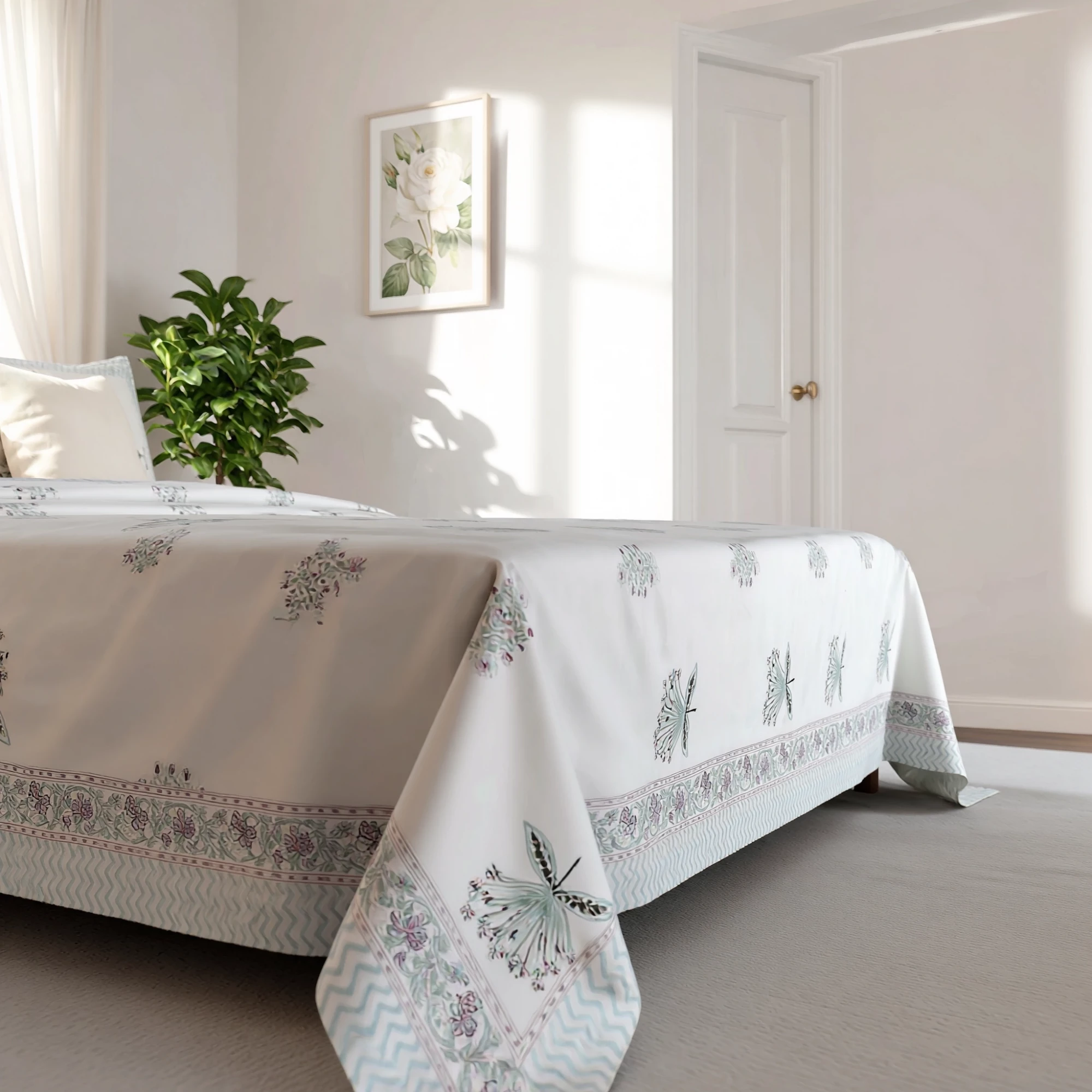 King Size Block Printed Percale Fine Cotton Bedspread with 2 Pillow Cases 200949