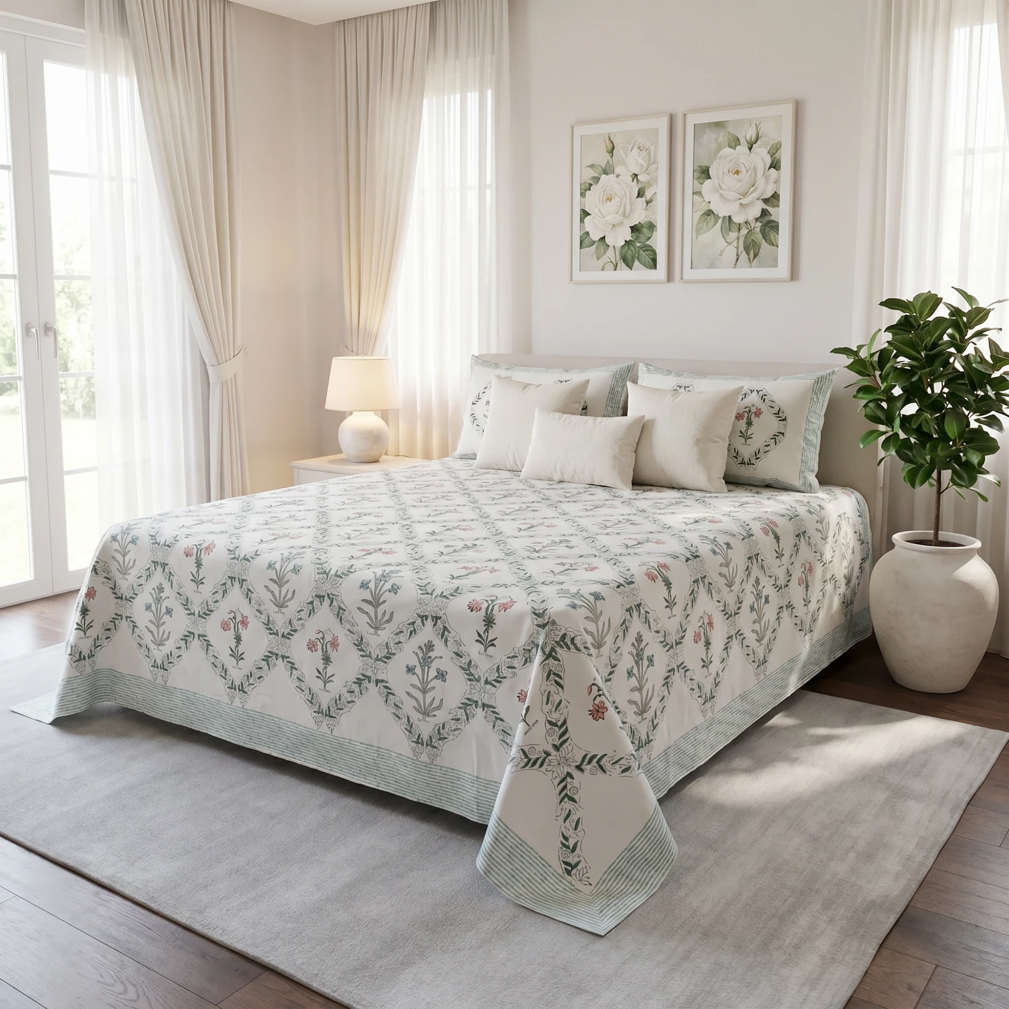King Size Block Printed Percale Fine Cotton Bedspread with 2 Pillow Cases 200950