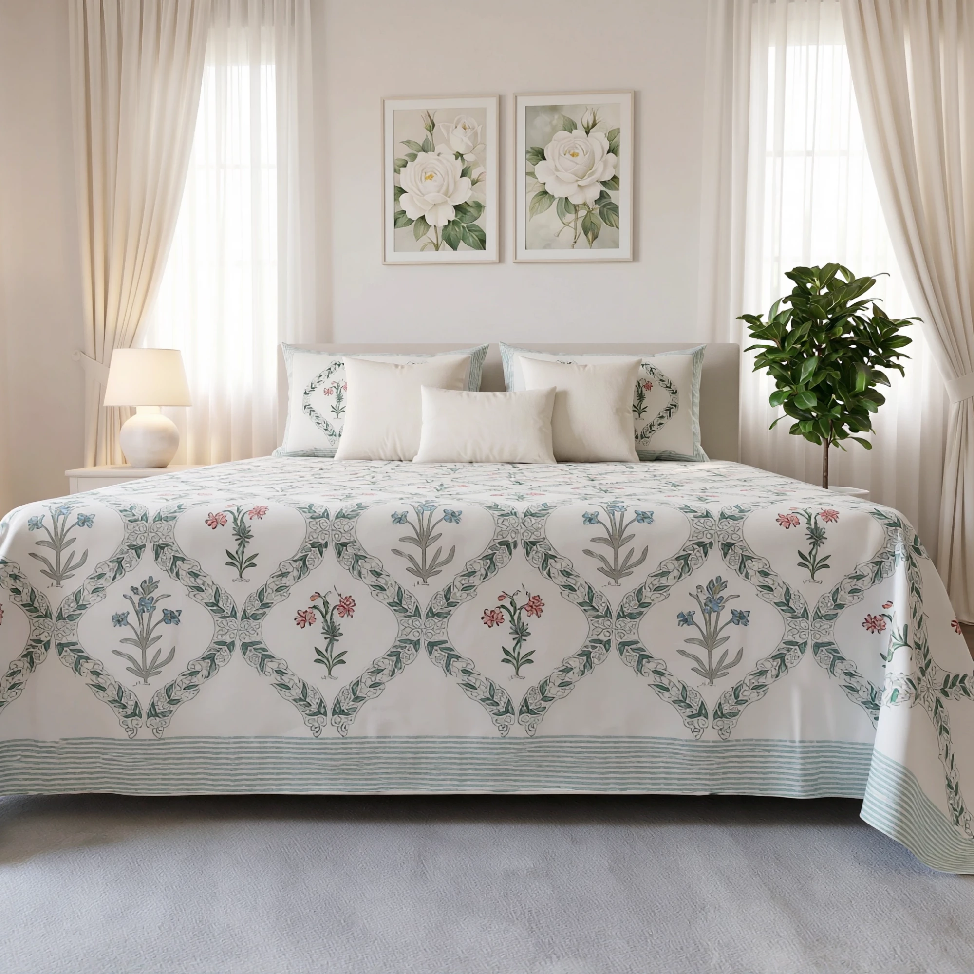 King Size Block Printed Percale Fine Cotton Bedspread with 2 Pillow Cases 200950