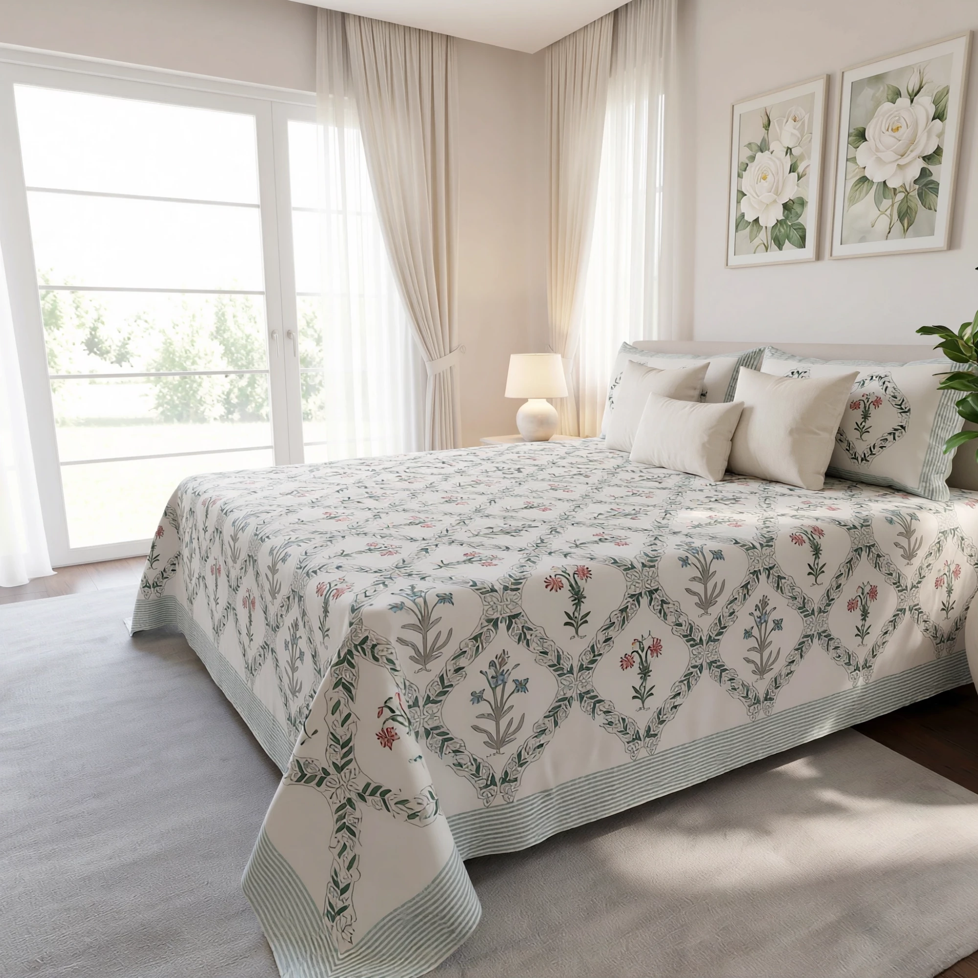 King Size Block Printed Percale Fine Cotton Bedspread with 2 Pillow Cases 200950