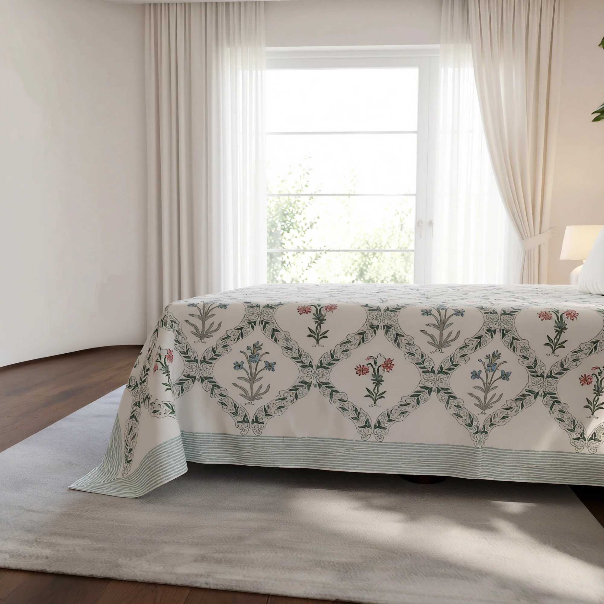 King Size Block Printed Percale Fine Cotton Bedspread with 2 Pillow Cases 200950